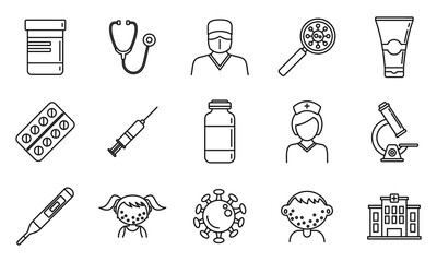 Sticker - Health chicken pox icons set. Outline set of health chicken pox vector icons for web design isolated on white background