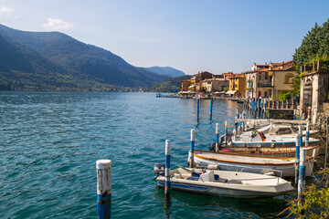 View of Monte Isola, Iseo Lake, Brescia province, Lombardy, Italy.