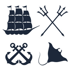 Sticker - Marine travel topic graphic set symbols. Nautical signs isolated on white background. Vector illustration