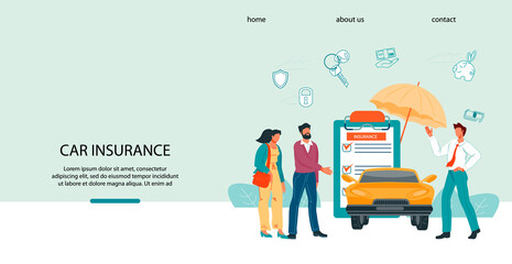 Wall Mural - Car insurance website or landing page template with cartoon characters of agent and car owners, flat vector illustration. Web page for automobile insurance agency.