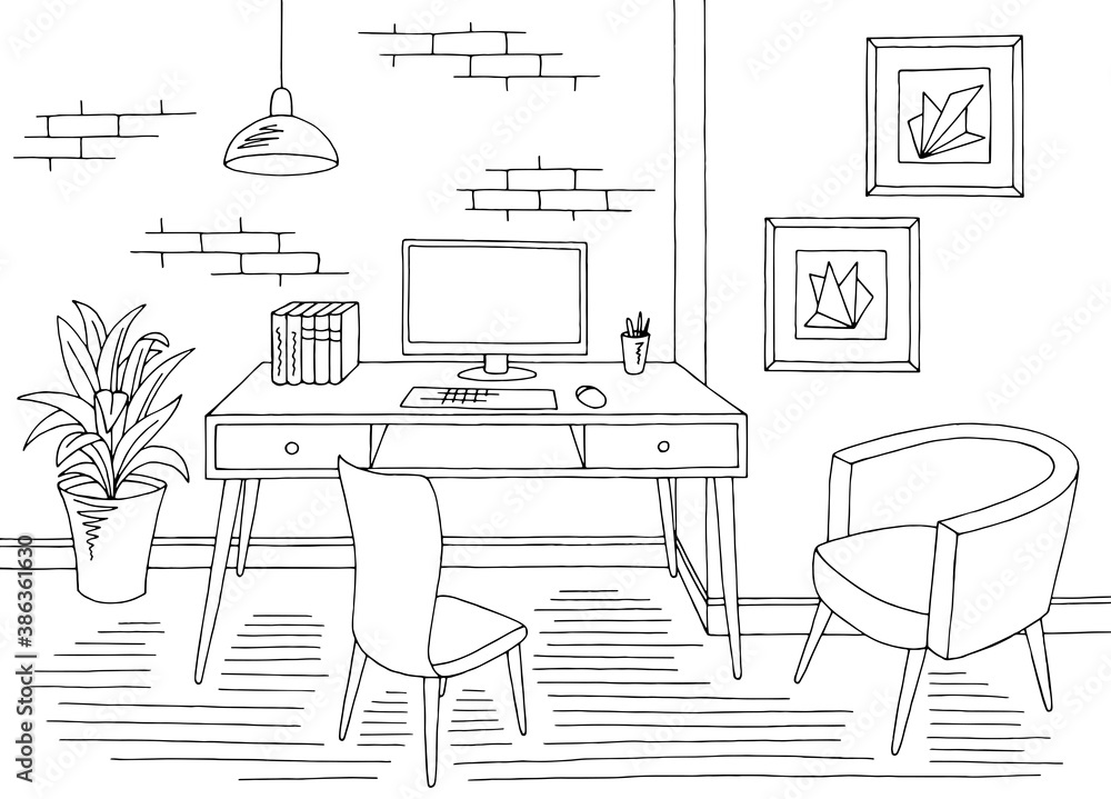 Office graphic black white interior sketch illustration vector Stock ...