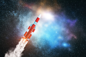 Wall Mural - flying red rocket on space sky background.