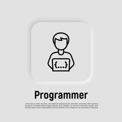 Wall Mural - programmer thin line icon. coding on laptop. freelancer, work at home. vector illustration.