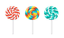 Christmas Lollipop With Red Spirals, Rainbow Twisted Sucker Candy On Stick. Vector Cartoon Set Of Round Candies With Striped Swirls. Mint Hard Sugar Caramel, Lollypop Isolated On White Background