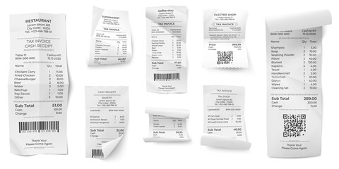 receipts bill. atm paper prints, paying ticket shop or store purchase invoice. isolated realistic su