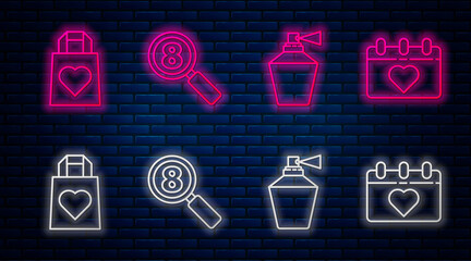 Set line Search 8 March, Perfume, Shopping bag with heart and Calendar with 8 March. Glowing neon icon on brick wall. Vector.