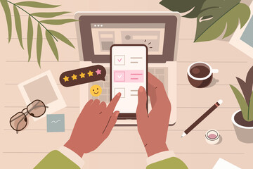 Wall Mural - human hands holding smartphone and filling survey form. character putting check marks on checklist, 