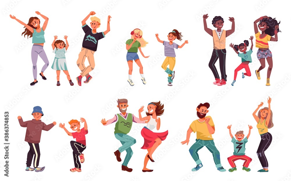 Dancing family. Young people, fun kid parents disco dance. Children and couple enjoy good time, happy dad child mother vector characters. Illustration man and female dance, mother and father - obrazy, fototapety, plakaty 