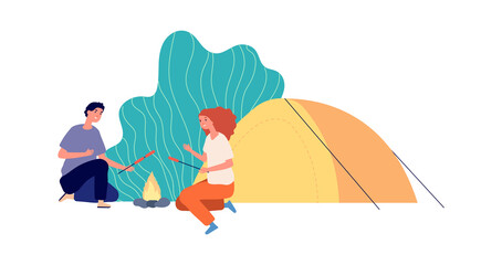 Sticker - Outdoor relax. Hiking, eco tourism camping. Couple with tent and fire cooking sausages. Happy travellers vector characters. Illustration tourism outdoor, adventure camp and travel