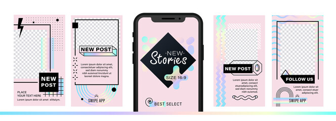 Set of abstract trendy design for stories with dispersion effect.  Editable template for social networks stories. For create trendy stories, sales, poster, new posts in memphis and hipster style.