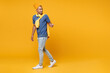 © ViDi Studio - Full length side view of smiling handsome young african american man 20s wearing blue t-shirt hat standing pointing index finger aside isolated on bright yellow colour background, studio portrait.