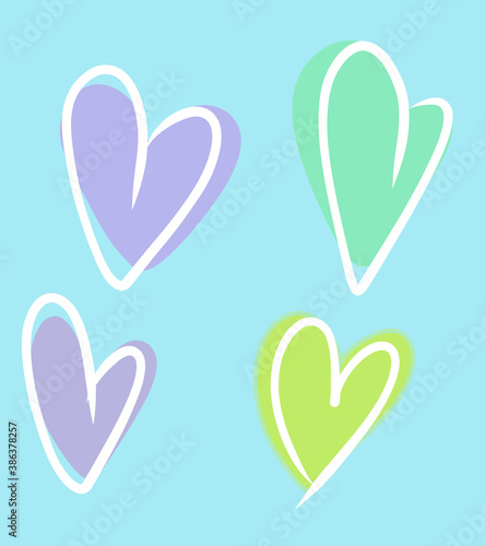 Dekoracja na wymiar  fioletowe-jasnozielone-i-zolte-serca-na-niebieskim-tle-otoczone-bialymi-liniami