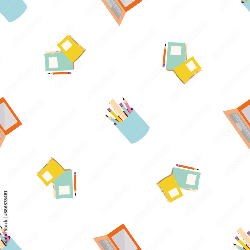 Vector pencil holder and notebooks seamless pattern background. Blue ...