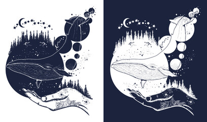 Wall Mural - Whale, magic forest and hands tattoo art. Symbol of dream, freedom, travel, imagination and meditation. T-shirt design. Black and white vector graphics