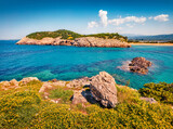 Fototapeta  - Amazing spring view of Voidokilia beach. Fresh morning on Ionian Sea, Pilos town location, Greece, Europe. Beauty of nature concept background. Magnificent Balkans landscape...