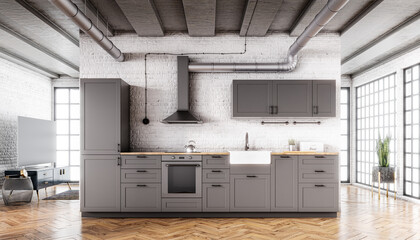 Wall Mural - Scandinavian open kitchen in a loft interior with a brick wall, parquet floor and a concrete ceiling