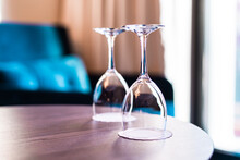 Pair Of Wine Glasses Upside Down In Hotel Room Table, Room Service