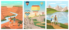 Outdoor Landscapes With Backpacking Couple. Man And Woman Travel Around The World Famous Nature Landmarks. Vector Set Illustrations. Mountain Lake, Grand Canyon, Air Ballons Over Cappadocia In Turkey