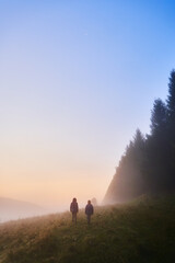 Wall Mural - Two children going for a walk on a foggy morning among the trees. View in the Beskid Hills in Poland.