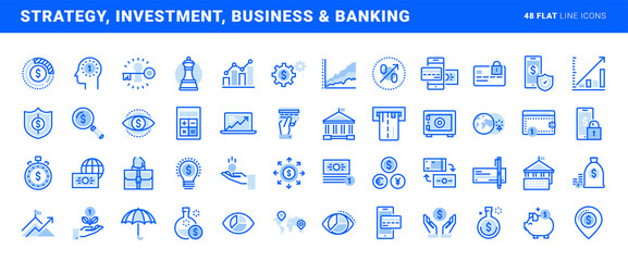 Wall Mural - Set of flat line icons of strategy, investment, business and banking. Vector concepts for website and app design and development.