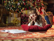 © MIKHAIL - Happy young girl reading a story book in a cozy dark living room on Christmas eve. Celebrating Xmas at home. Christmas tree on the background.