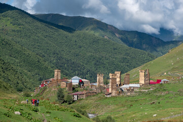 Panoramic view on traditional ancient Svan towers and houses in Ushguli, a village recognized as the UNESCO World Heritage Site and one of the highest inhabited settlements in Europe, Svaneti, Georgia