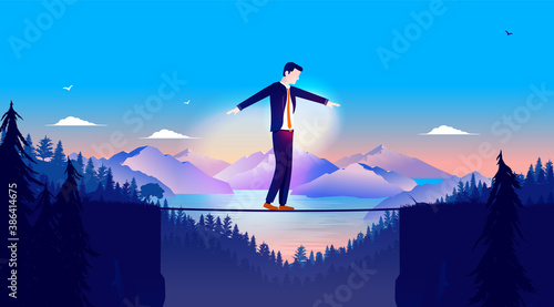 Cuadros en Lienzo Business risk - Businessman balancing on rope in a risky challenge with landscape and mountains in background