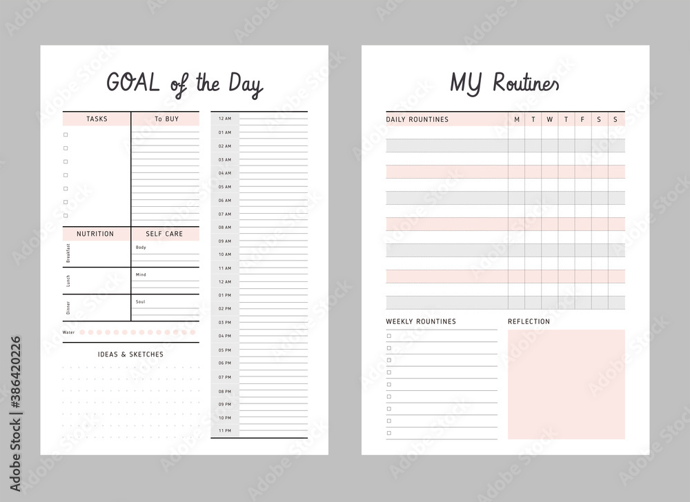 Daily, My Routines planner template. .2 Set of minimalist planners. Clear and simple printable to do list. Business organizer page. Paper sheet. Realistic vector illustration. - obrazy, fototapety, plakaty 