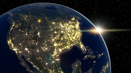 Poster - realistic united states of america from space, night usa from space, east coast of the usa from space 3d render	