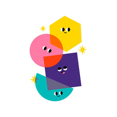 Wall Mural - various bright basic geometric figures with face emotions. different shapes. layered colors. hand dr