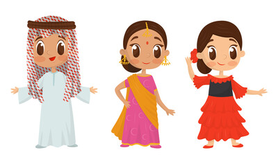 Wall Mural - Smiling Boy and Girls Wearing Costumes of Different Countries Vector Set