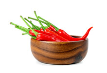 Red Fresh Chili Pepper With Wooden Bowl Isolated On White Background
