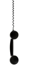 Vintage Telephone Receiver Hanging On Spiral Cord Isolated On White Background