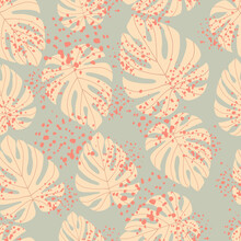 Random Seamless Monstera Leaf Ornament Pattern In Pastel Tones Palette. Pink Colored Foliage On Blue Background With Splashes.