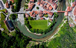 © Romeo Warden - Vue aérienne du terrain de foot de la vieille ville de Fribourg photographiée en été avec un drone, Suisse.  Vue du ciel du pont de Berne et de la Sarine.