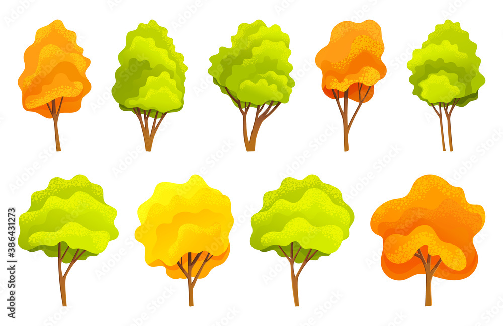 Autumn tree collection, different sizes and forms trees with green ...