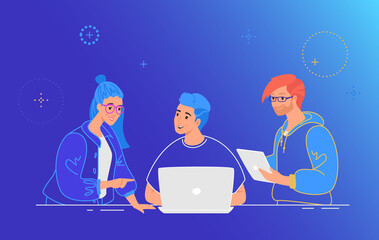 Wall Mural - Three guys working as a team on a new project or startup. Flat line vector illustration of people with laptop and digital tablet discussing the project at work desk. Teamwork on gradient background