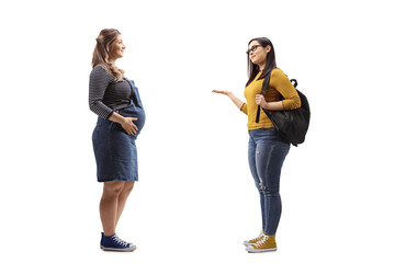 Poster - Full length profile shot of a pregnant woman and a female student having a conversation