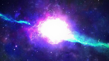 Wall Mural - 4K Camera flying through a purple Blue Hole nebula constellation and star field in deep outer space power electric Light Background. Science, astronomy, Nebula, Dust particles Clouds, black holes