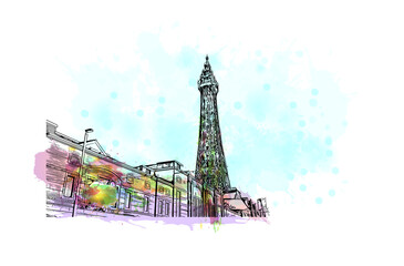 Building view with landmark of Blackpool is a seaside resort on the Irish Sea coast of England. Watercolor splash with hand drawn sketch illustration in vector.