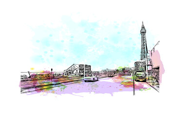 Building view with landmark of Blackpool is a seaside resort on the Irish Sea coast of England. Watercolor splash with hand drawn sketch illustration in vector.