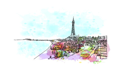 Building view with landmark of Blackpool is a seaside resort on the Irish Sea coast of England. Watercolor splash with hand drawn sketch illustration in vector.