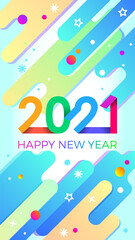 Wall Mural - 2021 Happy New Year. Paper Memphis geometric bright style for holidays flyers, greetings, invitations, Happy New Year or Merry Christmas cards. Holiday background, poster, banner. Vector Illustration.