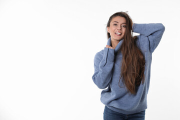 Sticker - Young woman in stylish blue sweater on white background