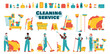 © Kudryavtsev - Cleaning service big bundle of staff characters and equipment, flat cartoon vector illustration isolated on white background. Cleaning company team with washing supplies.