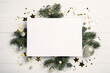 Leinwandbild Motiv Flat lay composition with Christmas decor and blank card on white wooden table. Space for text
