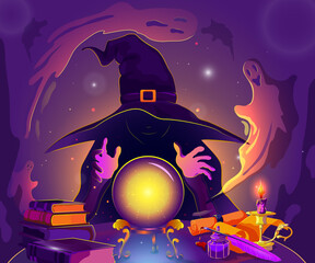 Mysterious sorceress for Halloween casts a magic spell, summons spirits through a magic ball