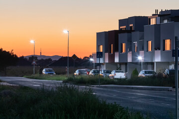 Poster - modern street with apartment building and led street lights