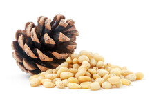 Pine Nut Heap And Pine Cone On A White Background. Isolated