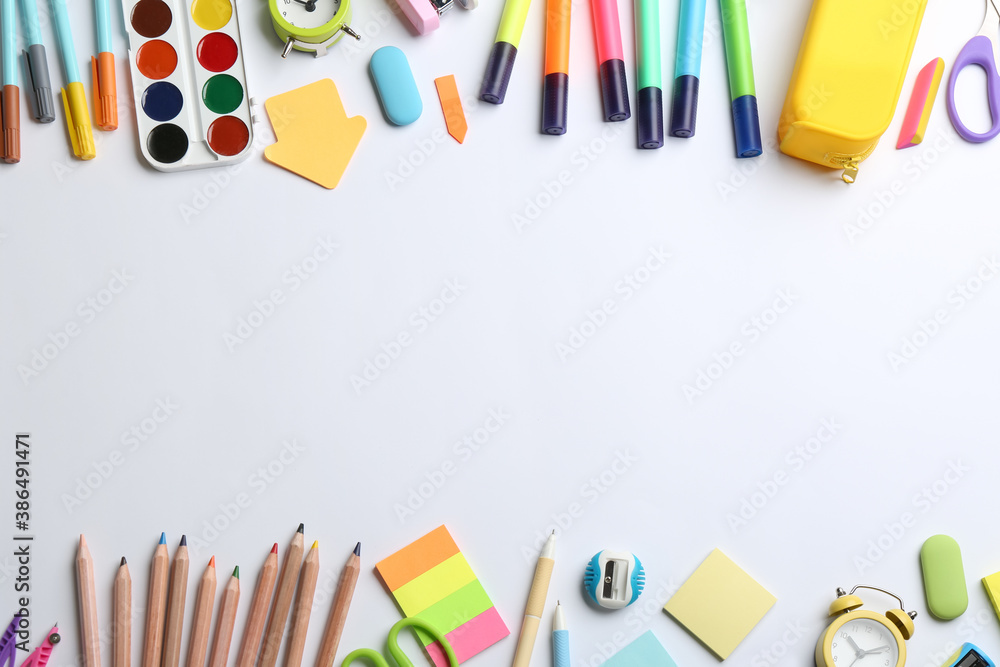 School stationery on white background, flat lay with space for text. Back to school - obrazy, fototapety, plakaty 